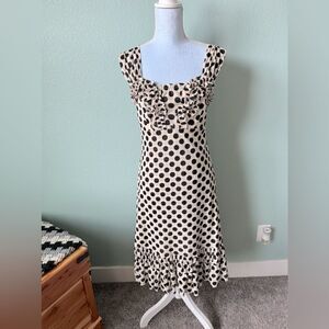 Vintage 90s Svetlana Tan and Black Polka Dot Layered Midi Ruffle Dress Size 10